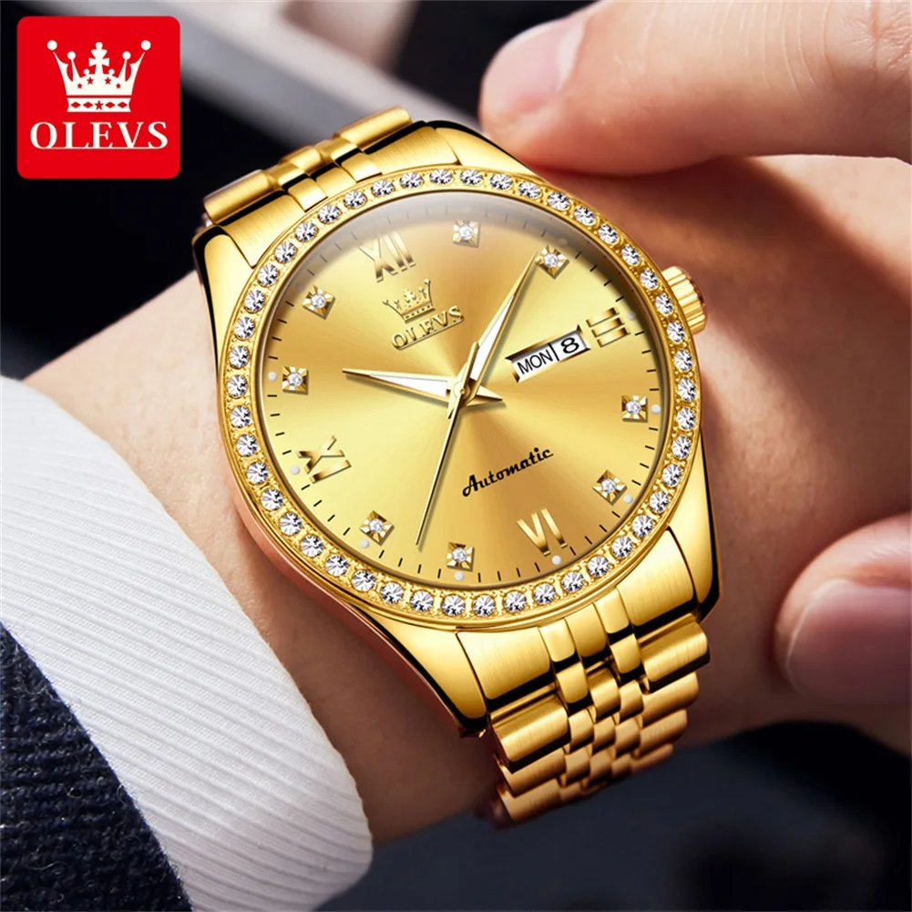 OLEVS 7012 Top Original Mechanical Watch for Men Luxury Diamond Lap Dual Calendar Classic Bussiness Men\'s Automatic Wristwatches