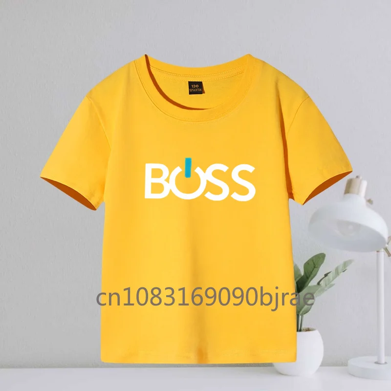 Summer Kids Concise Boss Letter Printing Boys Casual 100% Cotton Breathable T-shirt Round Neck Short Sleeve Comfy Girls Tee Tops