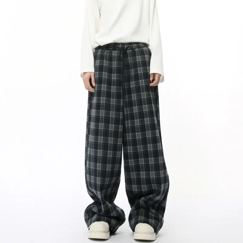 2025 Spring Simple Men's Sweatpants Casual Drwstring Wide Leg Plaid Bottom Elastic Waist Loose Straight Male Trousers