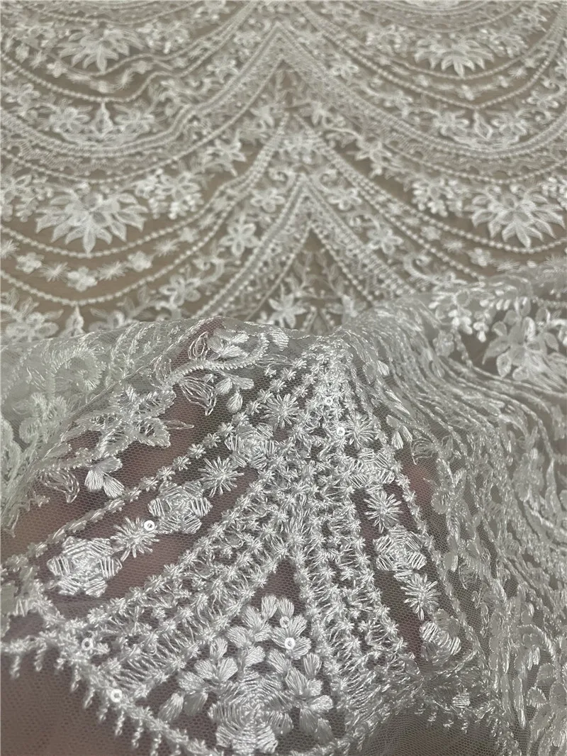 Fashion Wedding Dress Mesh Lace Fabric Off White Clear Sequins Emboidery Lace Fabric Free Shipping 1 Yard