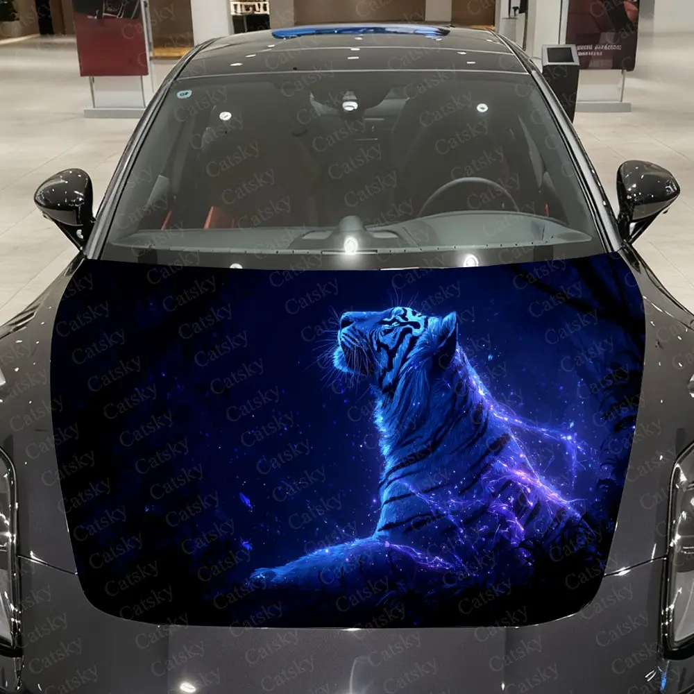 Magical Purple Star Field & Blue Tiger Car Vinyl Wrap, PVC Waterproof Car Hood Sticker, Self-Adhesive Scratch-Resistant Stickers
