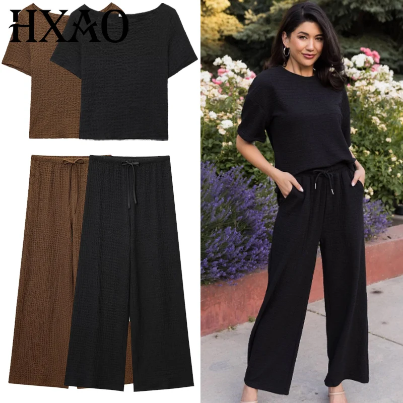 

HXAO Woman 2025 Pant Sets Women's Two Pieces Set Textured Short Sleeve Woman 2 Piece Set Outfit Lace-Up High Waist Trousers Sets