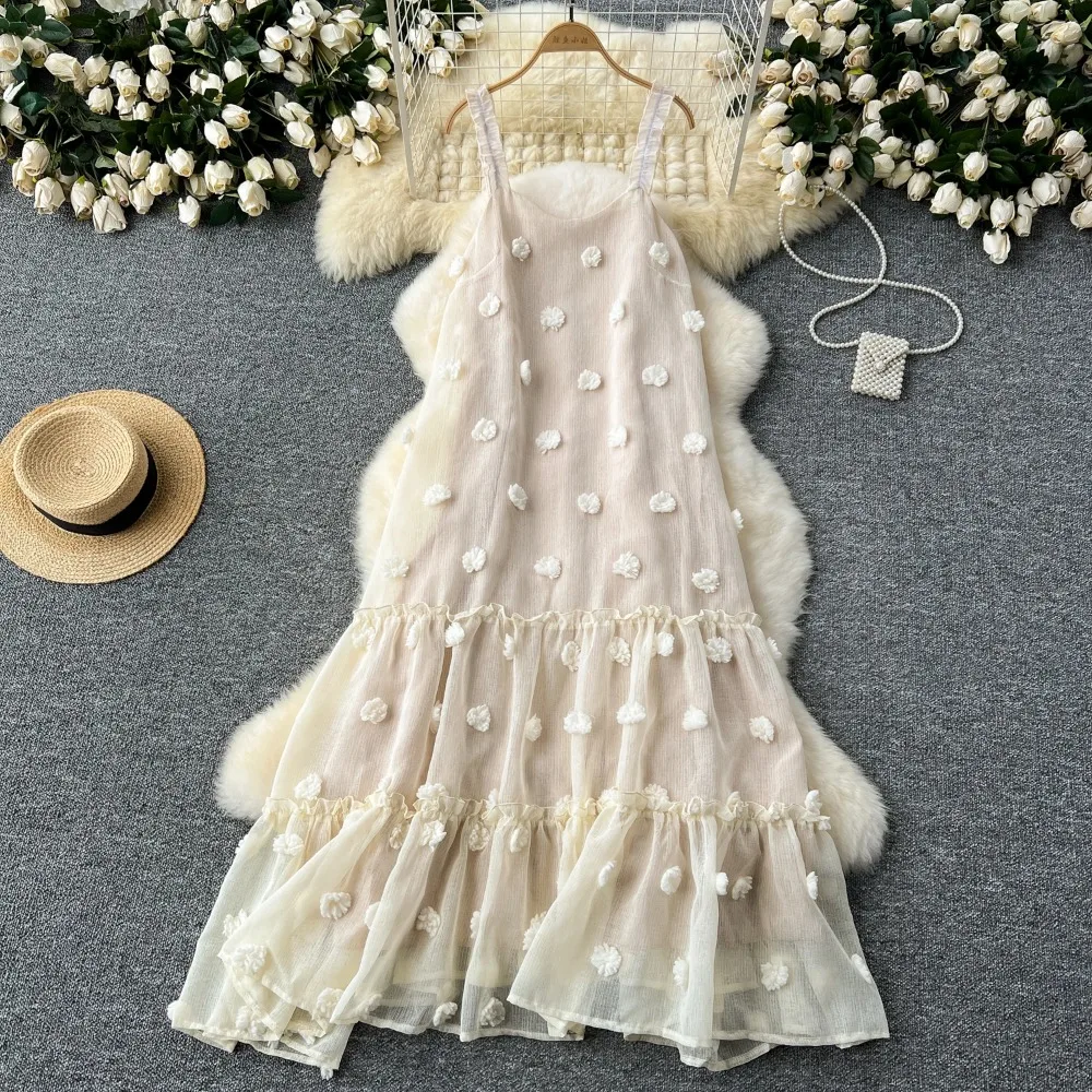 Vestido vintage elegante solto tridimensional com flor doce para mulheres, moda casual linha A, vestidos plissados verão e primavera