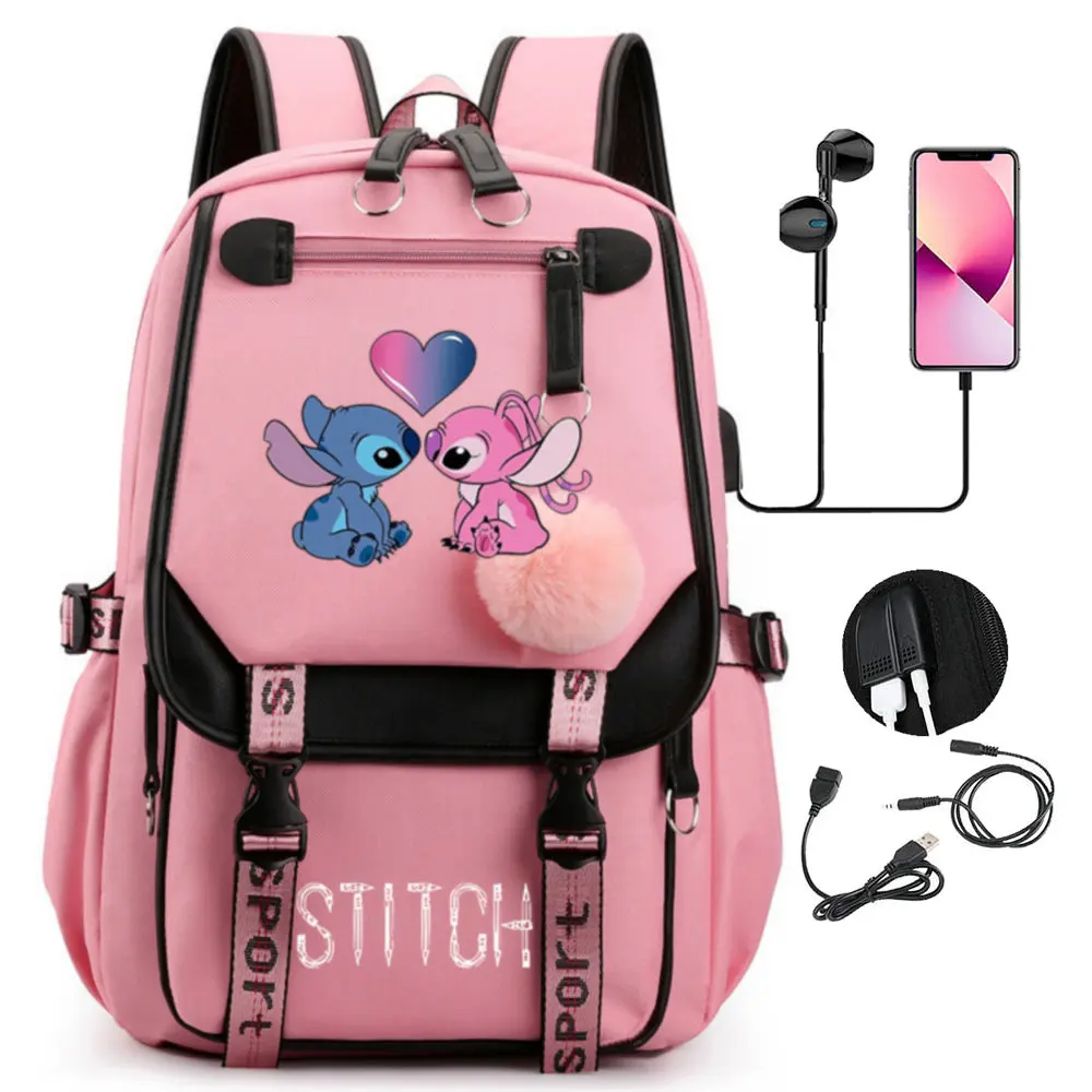 Lilo Stitch Backpacks USB Patchwork Women Girls Capacity School Bags Lovely Teens Laptop School Bags Commuting Travel Backpack