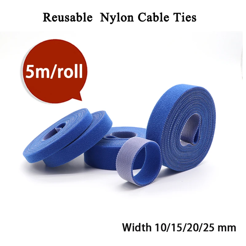 5m/roll Cable Ties Reusable Loop Bundle Self Adhesive Blue Nylon Strap Organizer Clip Wire Holder Management Fastening Tape