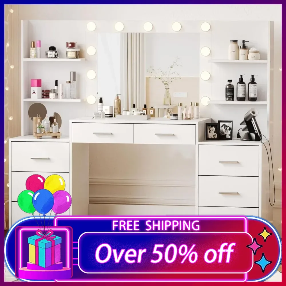 61.9‘’L Vanity Desk with Mirror & Lights,Large Makeup Vanity with Charging Station,Makeup Desk with Drawers&Open Storage Shelves