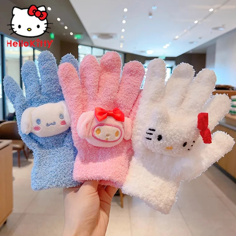 Kawaii Sanrio Hello Kitty Gloves Kuromi Melody Cinnamoroll Cold Proof Winter Finger Plush Gloves Warm Kids Toddler Girl Gifts