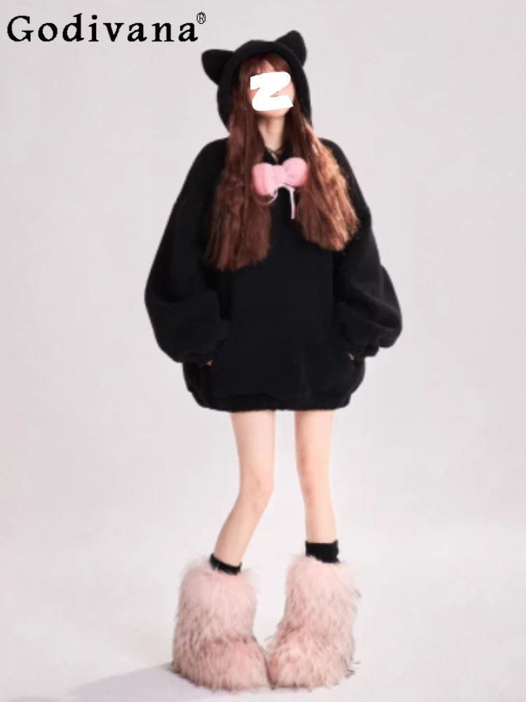 

Winter Sweet Girl Black Bow Artificial Lamb Leisure Hooded Sweatshirt Fashion Loose Versatile Age Reduction Warm Loose Punk Tops