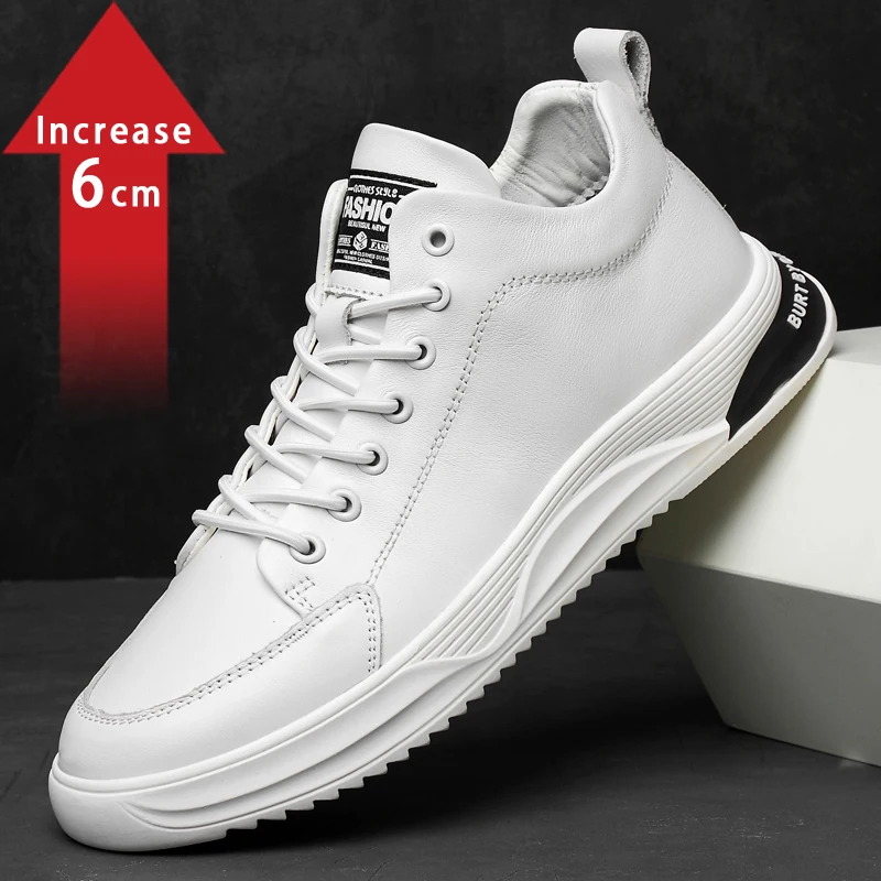 6cm Cow Leather Elevator Shoes for Men Spring Summer Hollow Height Increasing Shoes Breathable Casual Lift Sport Sneakers