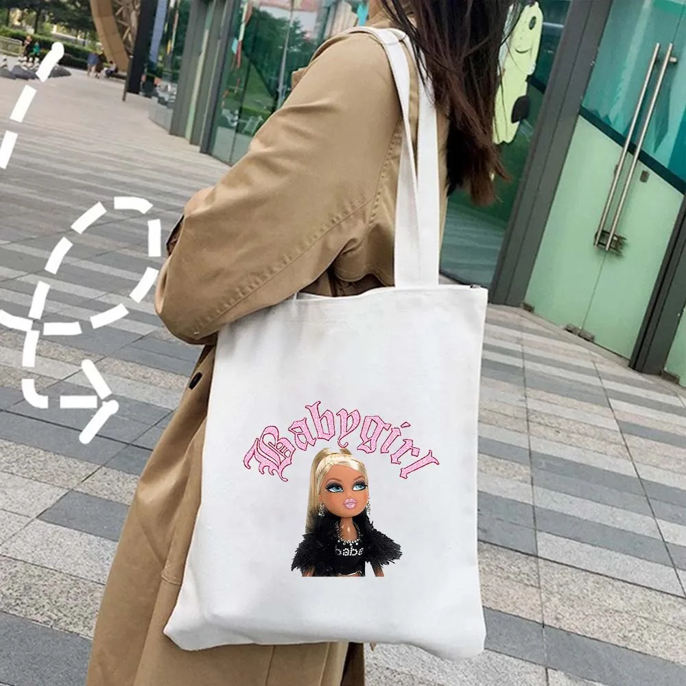 Lovely Cute Babygirl Bratz Doll Girlz Sexy Cartoon Pink Girl Women Shoulder Shopper Shopping Canvas Tote Bag Female Lady Handbag
