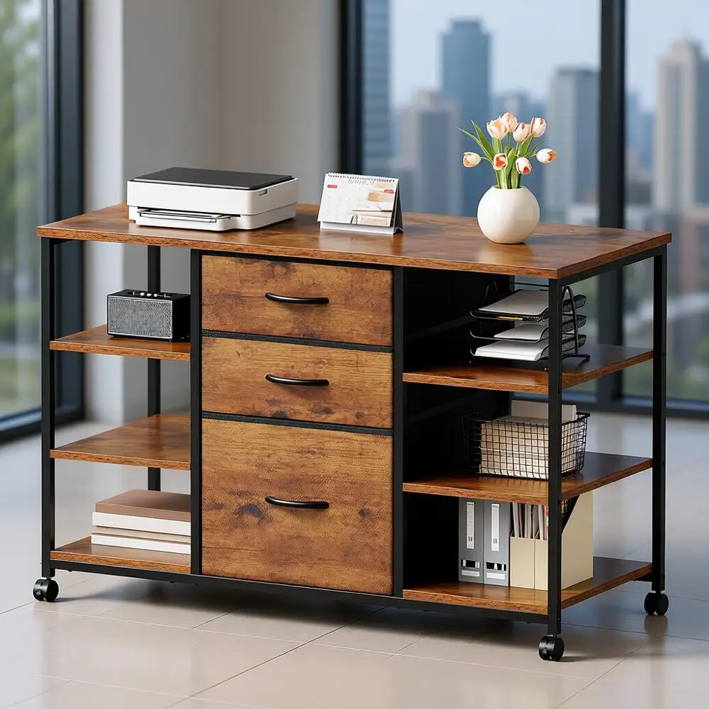 

Тумба для документов с 3 выдвижными ящиками и подставкой для принтера на колесиках для домашнего офиса, цвет «Рустик-коричневый»