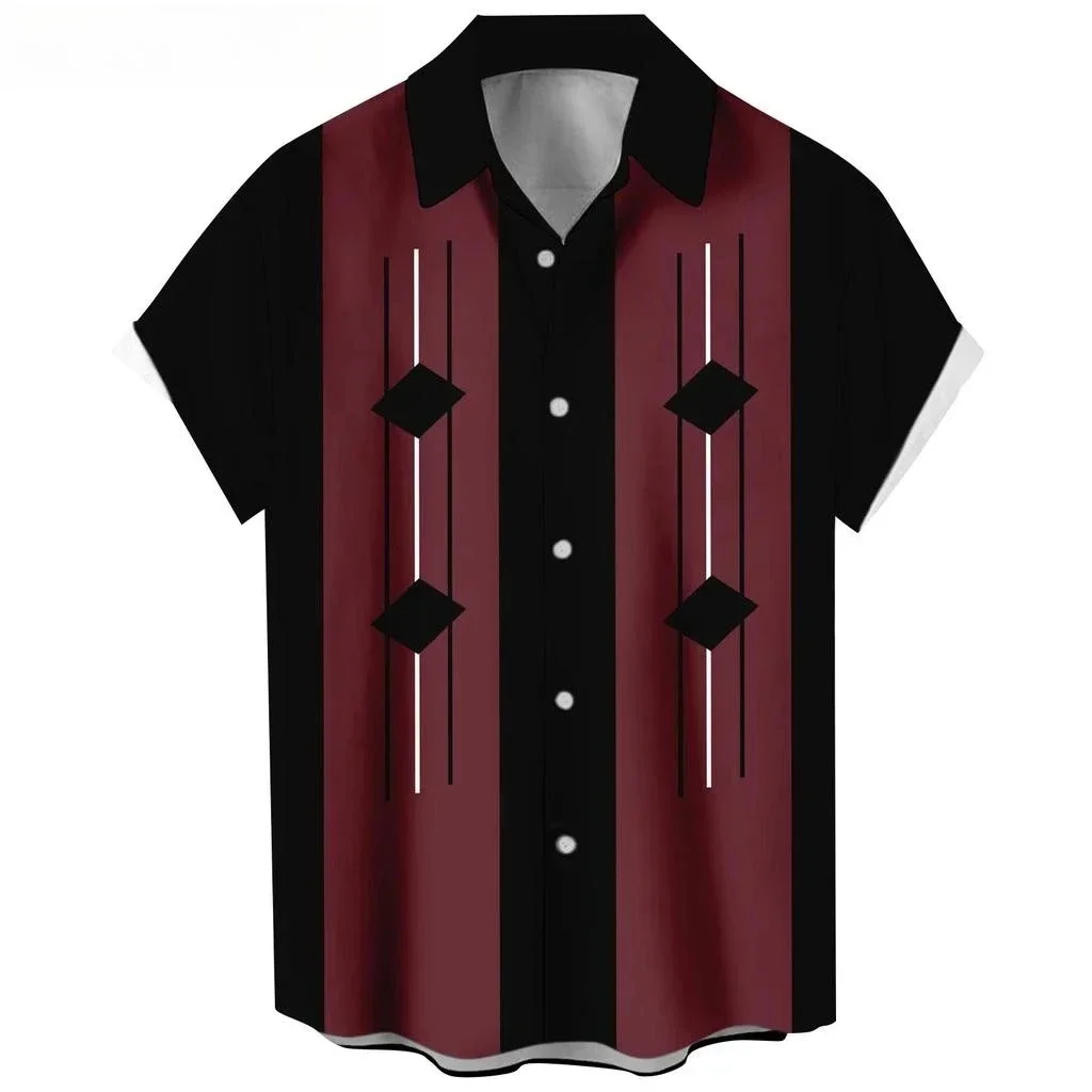 Minimalist style striped color blocked pattern men's lapel shirt Hawaii loose and comfortable shirt