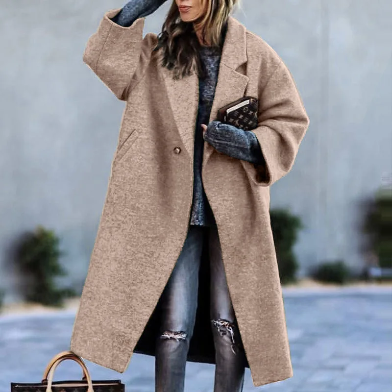 S-4XL Autumn Winter Warm Cardigan Windbreaker Cloak Coat Women Faux Woolen Long Overcoat Tailored Collar Loose Trench