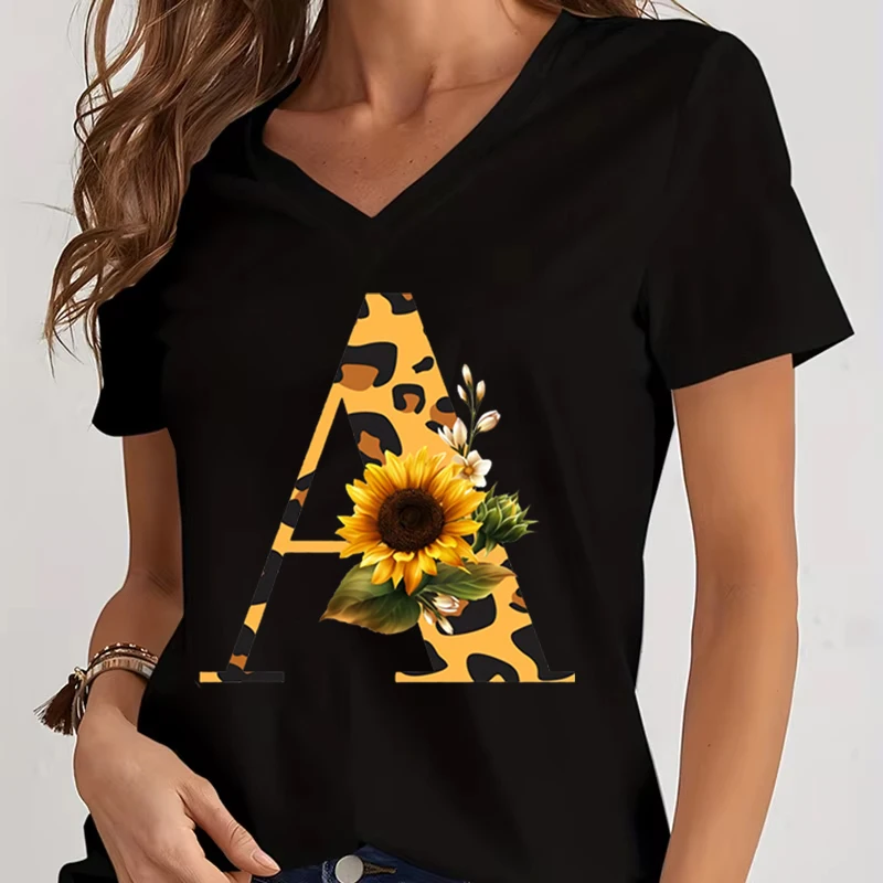 Women's V-Neck T-Shirt Sunflower Leopard Print Letter B Tee Top Floral Animal Print Initial Casual Tee A-Z 26 Alphabet Clothes