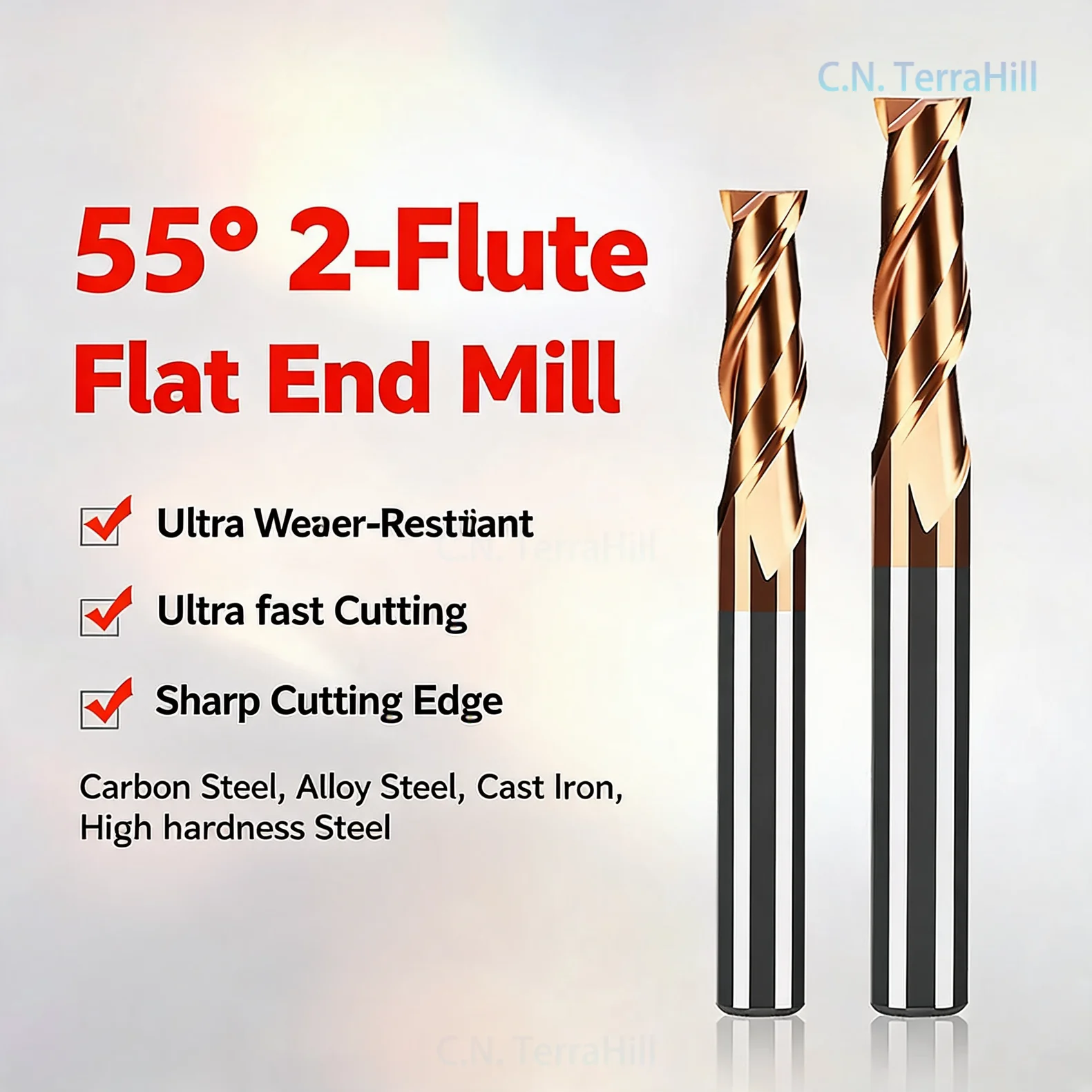 55 Degree 2 Flute Tungsten Carbide End Mill Extra Long Bronze Coated Solid Carbide Slotting Keyway Milling Cutter