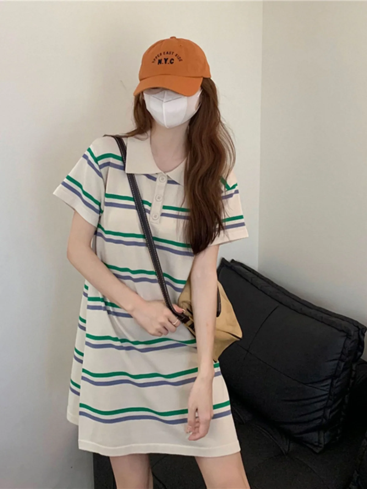 

Chic Korean Style Stripe Short Sleeve Dress Women Summer New Loose Straight Collar Color Block Elegant Dress Midi Skirt