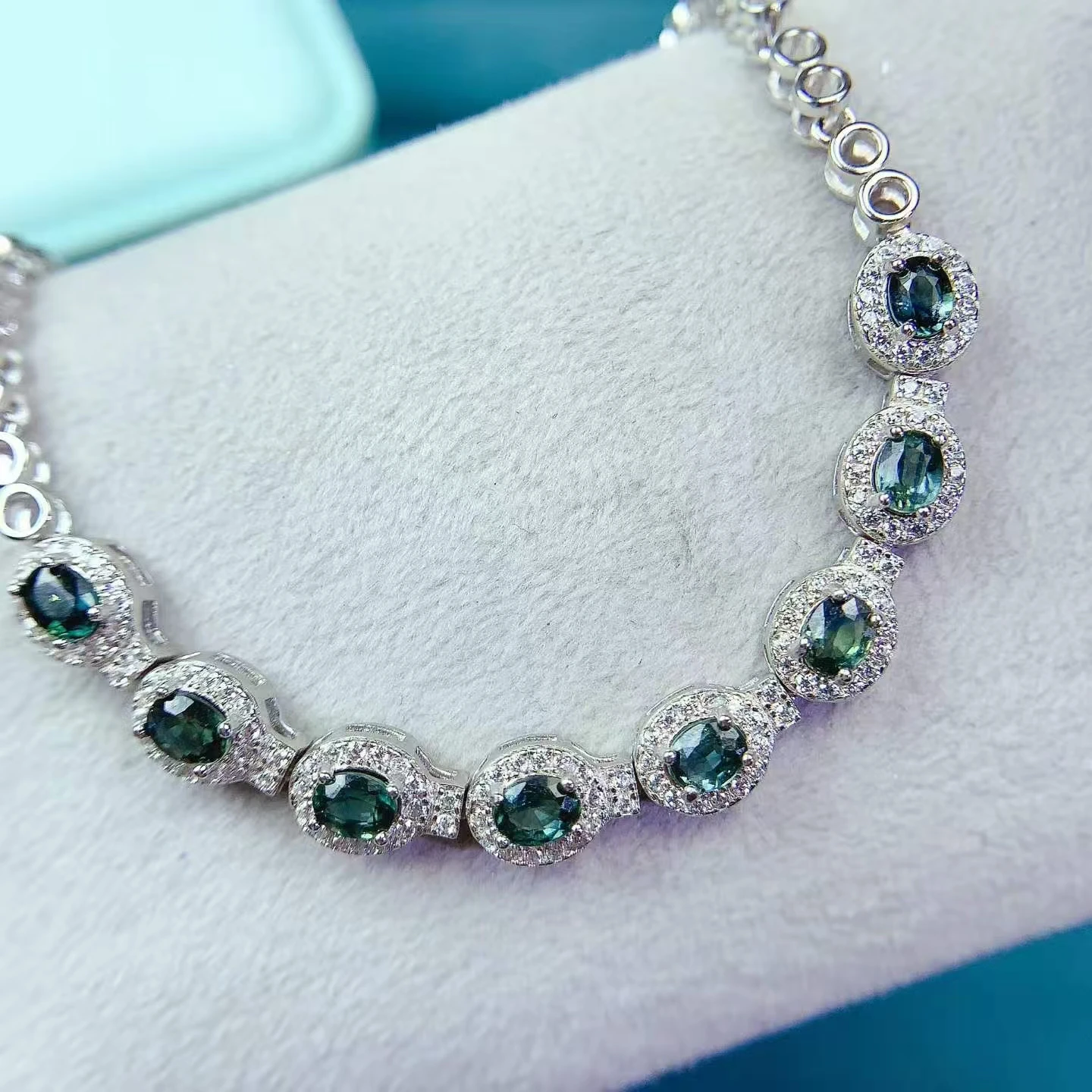 Greenish Blue Natural Sapphire Bracelet for Wedding 3x4mm  Genuine Sapphire 925 Silver Bracelet with Thick 18K Gold Plating