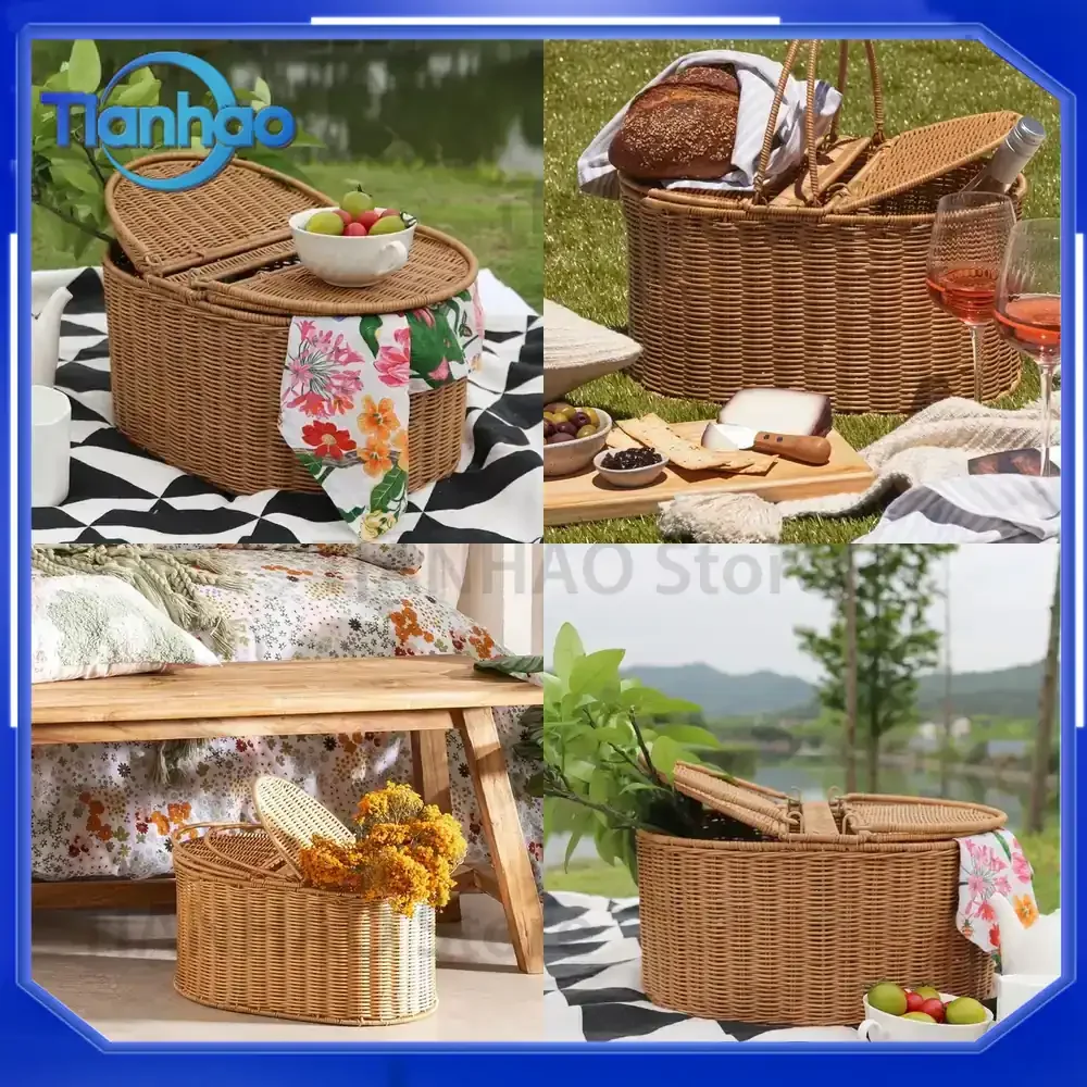 Rattan Picnic Basket with Cover for Camping and Picnic Outings Outdoor Meal Storage Basket