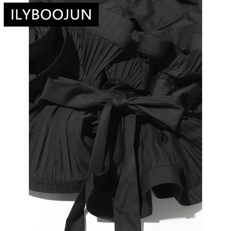 ILYBOOJUN Solid Temperament Spliced Folds Shirt For Women Lapel Sleeveless Patchwork Lace Up Designer Blouses Female Fashion