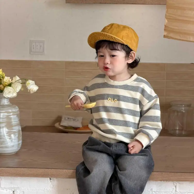 

2026 Spring New Baby Long Sleeve Sweatshirt Boys Casual Pullover Infant Girls Loose Striped Tops Cotton Toddler Clothes