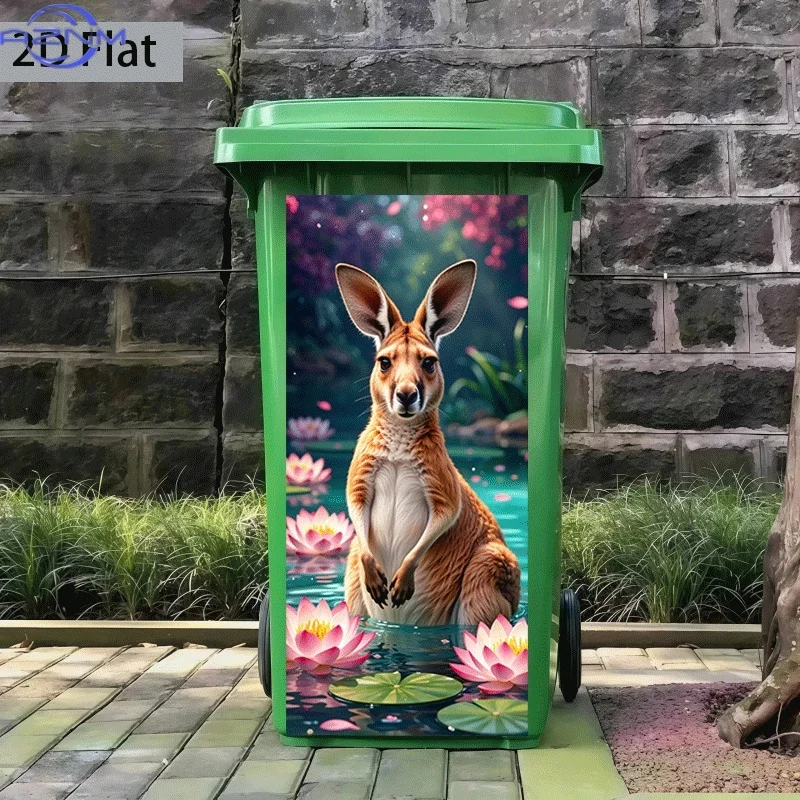 2D Flat Printing 1pc Trash Can Sticker 14.57×32.28inch Waterside Kangaroo Gazing Animal Theme Design Self-Adhesive Wall Decal
