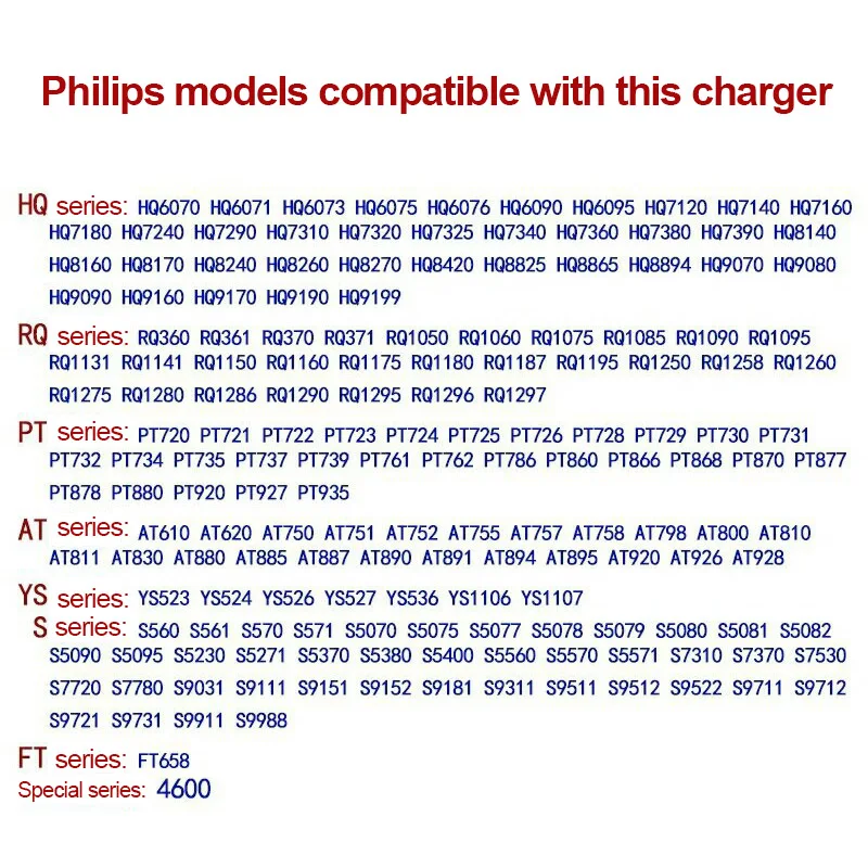 Electric Shaver Charger for Philips HQ8505 HQ9020 PT720 S5008 RQ1050 HS8020 HQ40D QC5115 Razor Hair Clipper 15V 5.4W 50/60hz