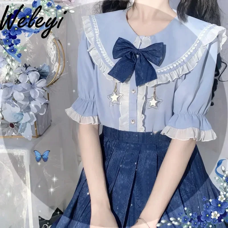 Kawaii Jirai Kei Uniform Skirt Suit Japanese Women 2024 Spring Cute Sweet Large Size Blue Long Sleeve Doll Collar Pleated Skirts