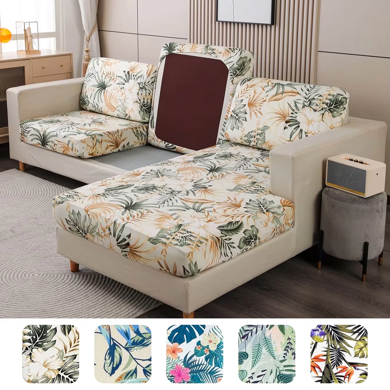 Tropical Rainforest Leaf Printed Milk Silk Sofa Cover, Elastic Sofa Cover, Dust-Proof and Detachable Sofa Cover