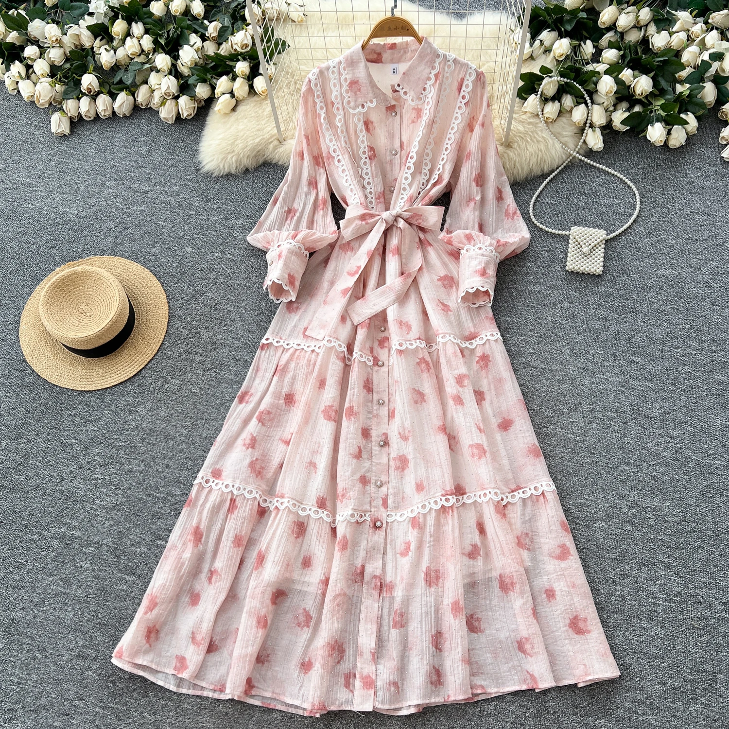 Chic vintage rhinestone lace-up slim Elegant Fairy korean fashion Boho Sundress women clothing Long dress