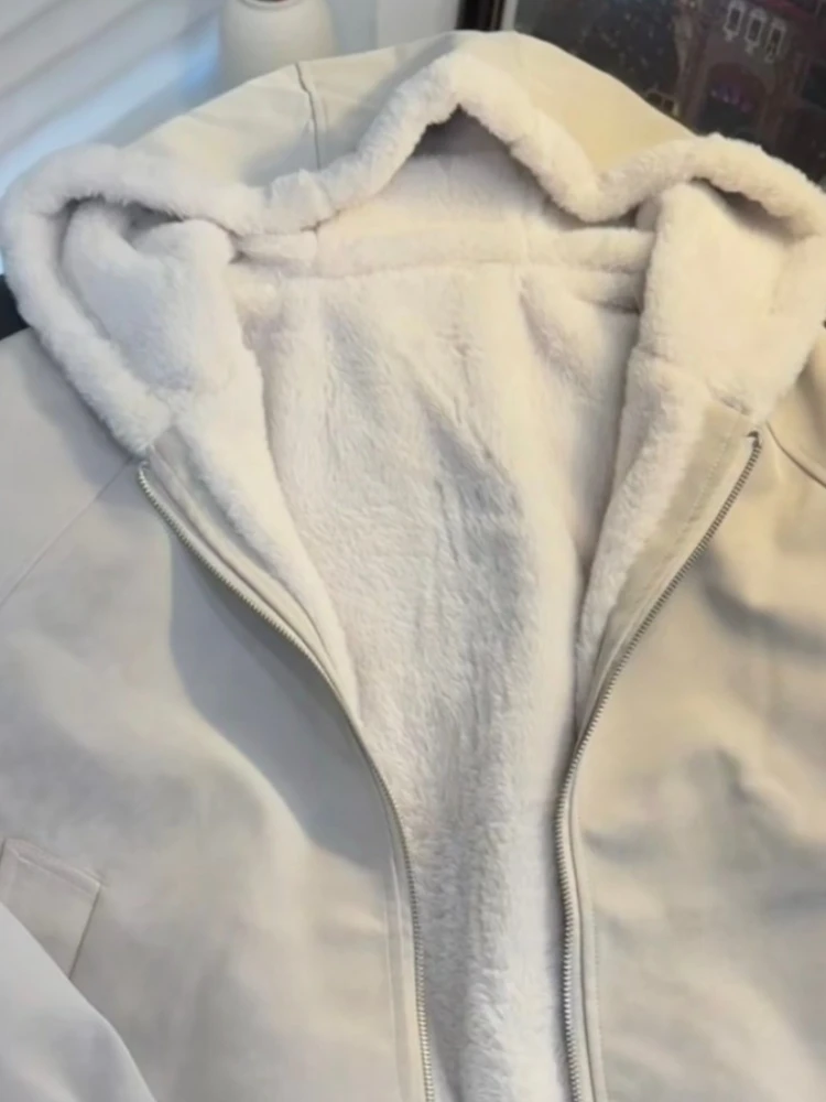 Lamb Wool Thick Hooded Cotton Coat Women Winter New Plush Jacket Loose Fit Warm Outerwear in Light Khaki Casual Cozy Style