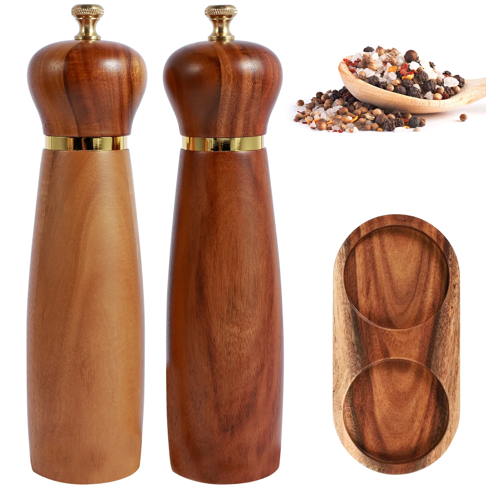 

Wood Salt and Pepper Grinder Set with Base Coarseness Adjustable Salt Pepper Mill Grinder Manual Salt and Pepper Shakers with