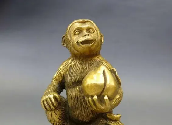 China brass copper carved Feng Shui yuan bao Peach monkey Sculpture Statue