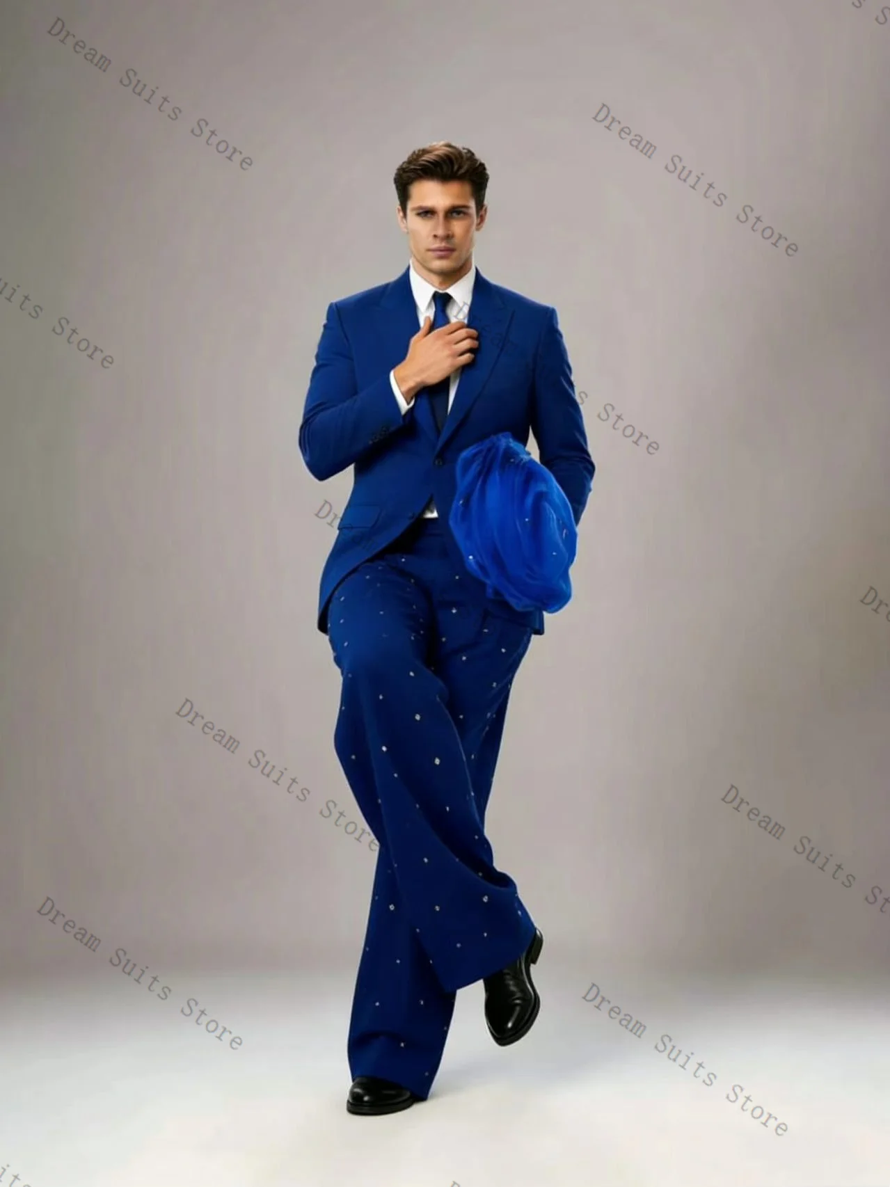 

Blue Crystals Men Suit Set 2 Pcs Blazer+Pants Trousers Customized 3D Flower Formal Office Jacket Wedding Tuxedos Prom Coat