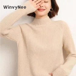 WinvyNee Women Wool Beige Camel Sweater O Neck Casual Loose Outerwear Warm Knitted Pullover Jumpers Odzież Zimowa A 1263027