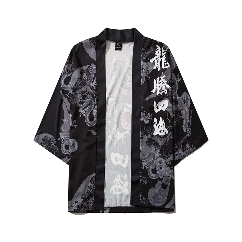 Japanese Style Dragon Print Haori Men Jacket, Unisex Kimono Cardigan with Chinese Calligraphy & Wave Pattern for Summer Cosplay