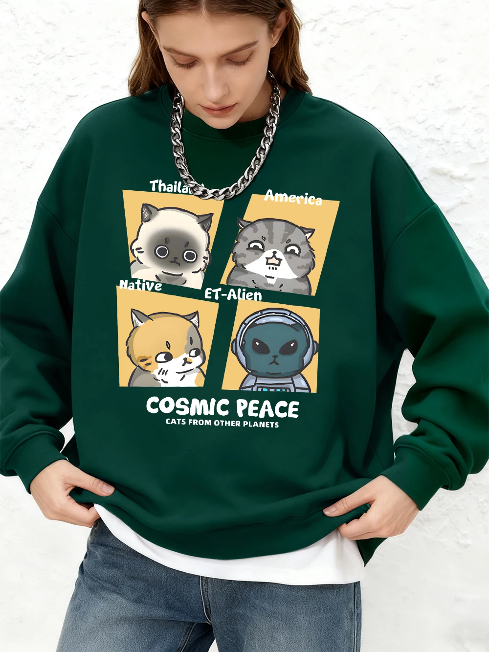 Cosmic Peace America Cats Print Hoodie Women Basic Jogger Warm Sweatshirt Crewneck Oversize Tops Winter Long Sleeves Clothes