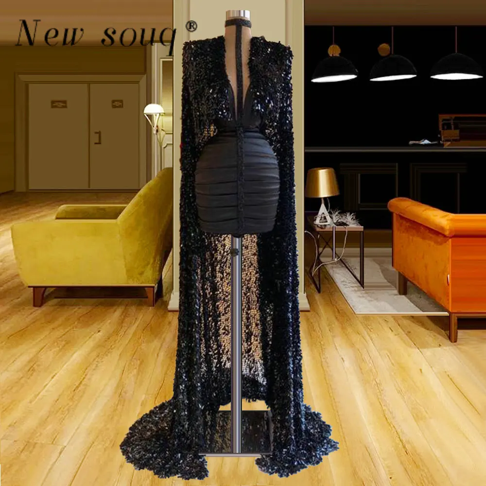 Sparkly Black Sequins Short Prom Girls Dresses with Long Cape Beaded High Neck Mermaid Party Dress Mini Cocktail Gowns