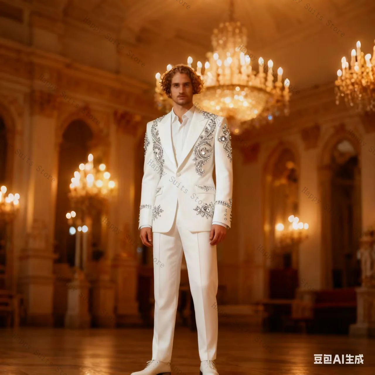 

White Crystals Men Suit Set 2 Pcs Blazer+Cotton Pants Trousers Formal Office Coat Luxury Wedding Tuxedo Customized Jacket Outfit