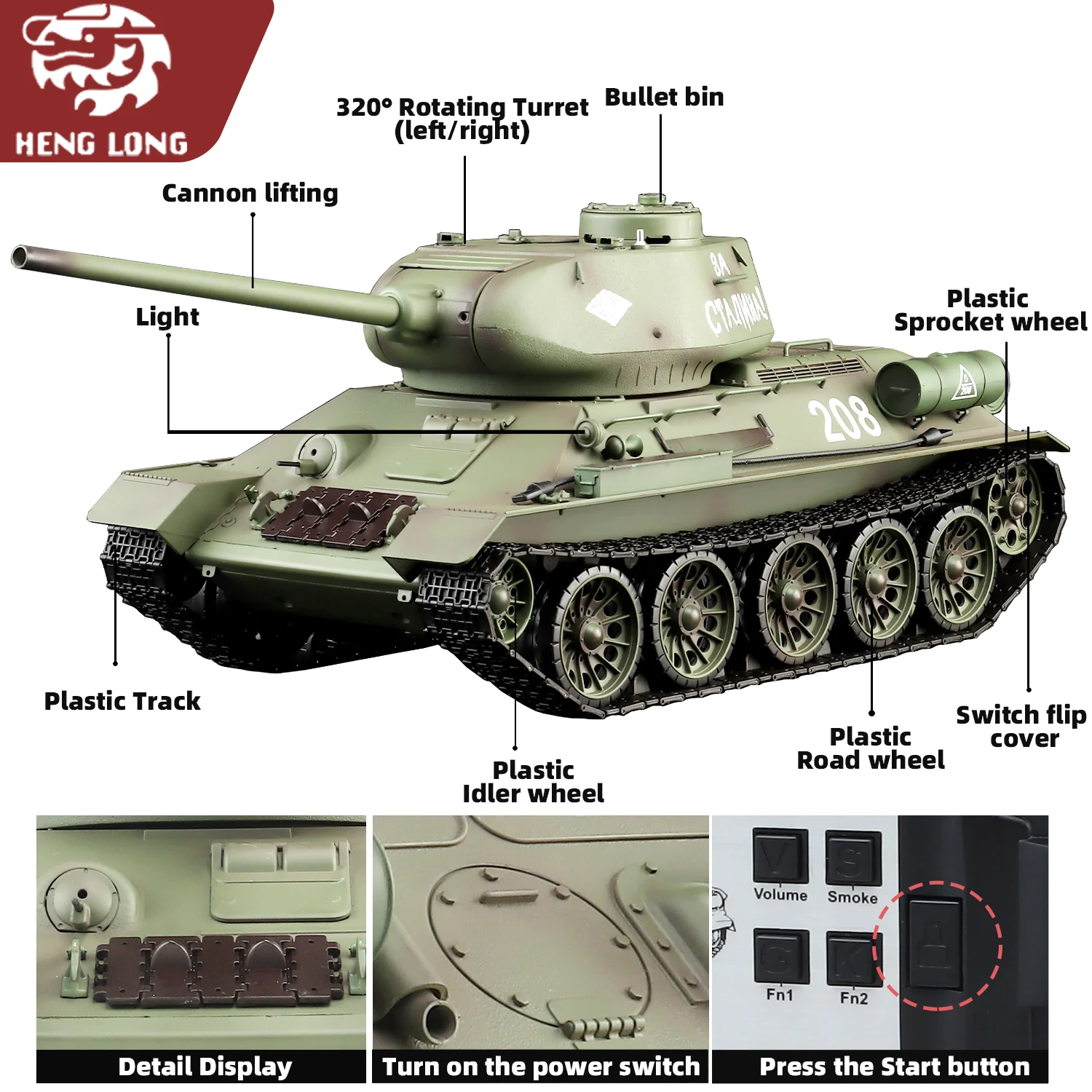 Heng Long rc tanques 1/16 União Soviética T-34/85 modelo de tanque (Plástico Completo Ver Básico. & 320 °   Torreta giratória e TK7.0) No.3909