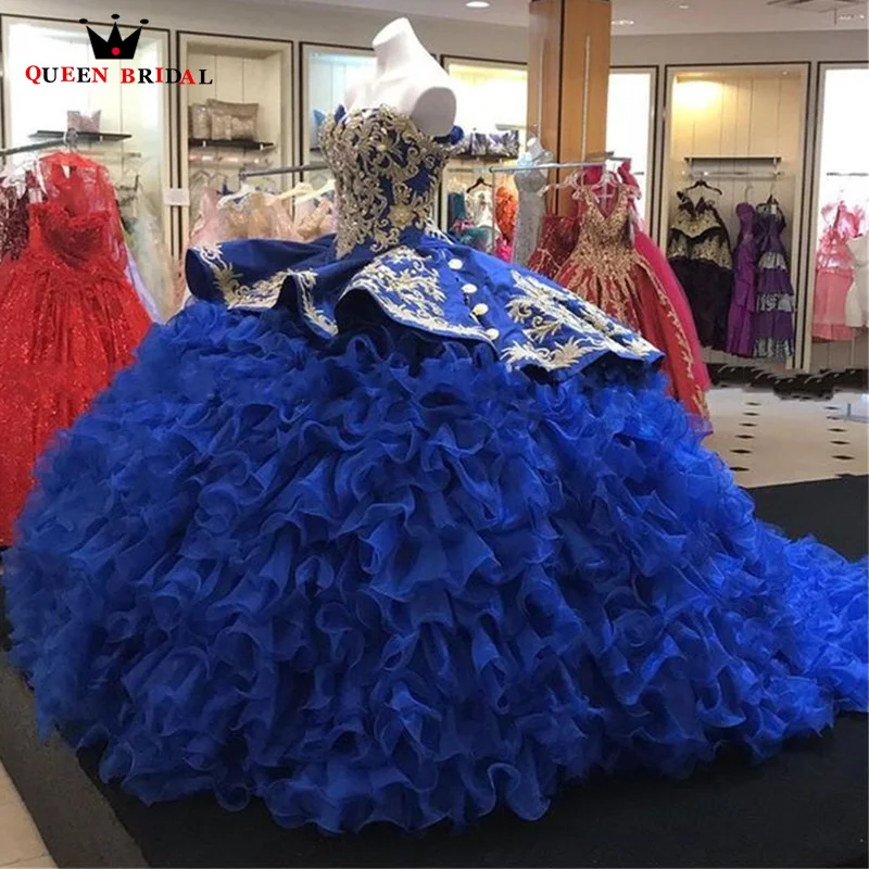 Exquisito vestido para quinceañeras azul real con volantes bordado con cuentas vestido de novia de 15 anos quinceañera 2023 hecho a medida LJ29