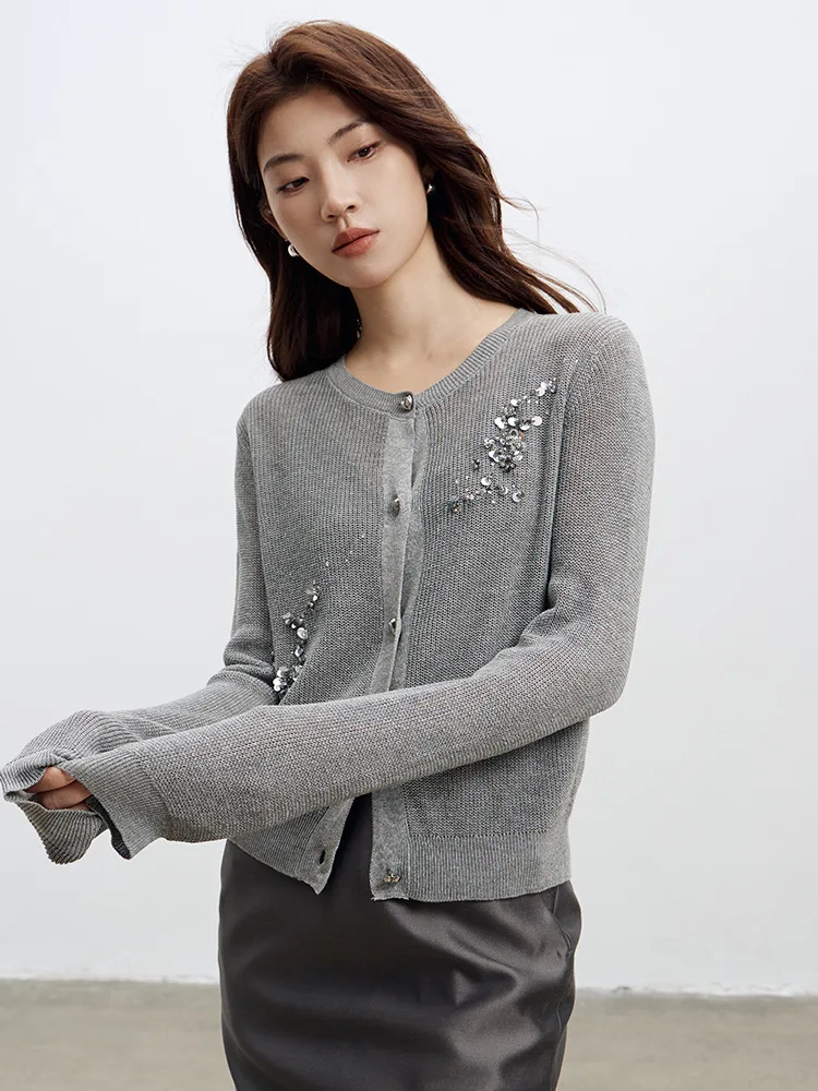 

Autumn Lyocell Linen Knitted Cardigan Women Handmade Beaded Heart Button Single Breasted Thin Sweater
