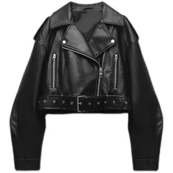 Women Oversized Vintage Loose Pu Faux Leather Short Jacket With Belt Streetwear Female Zipper Retro Moto Biker Coat Outwear