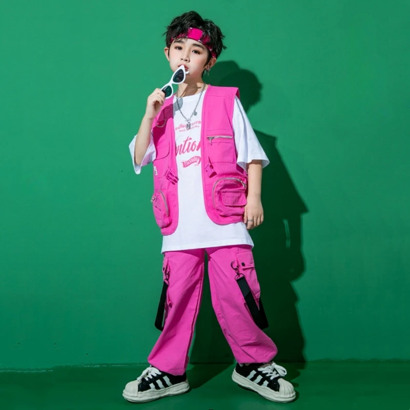 Girls Jazz Dance Costume Hip Hop Clothing White Short Short T Shirt Pink Vest Pants Group Modern Dance Performance Stage Wear