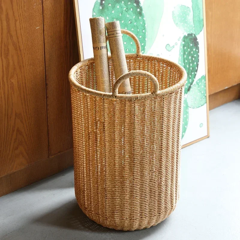 Nordic Style Large Dirty Clothes Basket, Circular, Living Room, Book and Newspaper Storage Bucket, Plastic Rattan Warehouse Rack