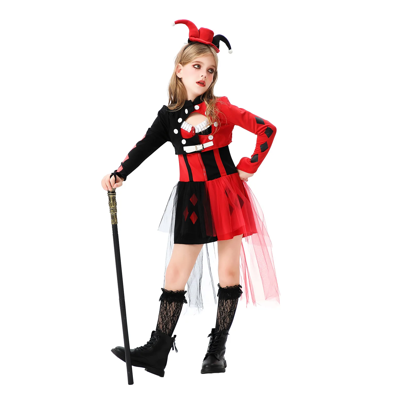 

Women Girl Clown Cosplay Dress Headwear Crop Top Halloween Costume Kids Circus Jester Show Stage Performance Clothes Red Black