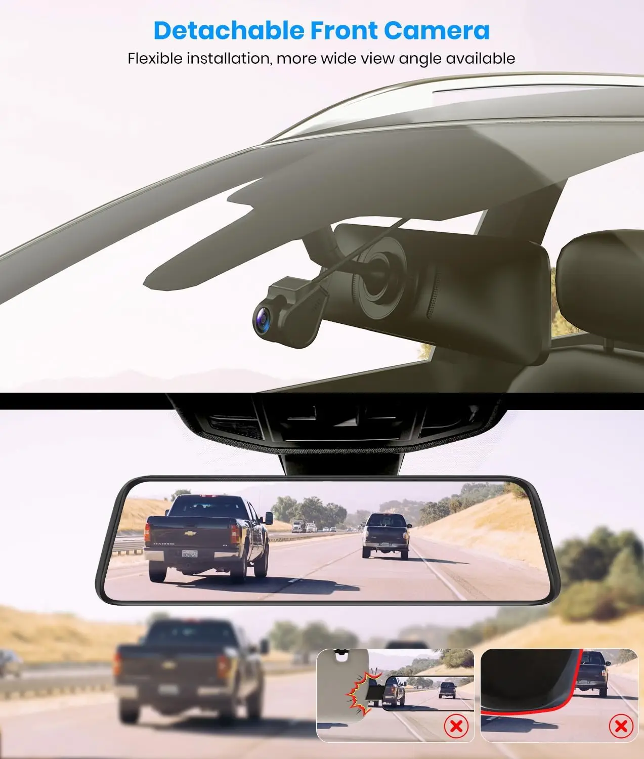 -View Mirror Camera with Detached Front Lens, 9.35" Full Laminated Touch Screen Mirror Dash Cam Front and