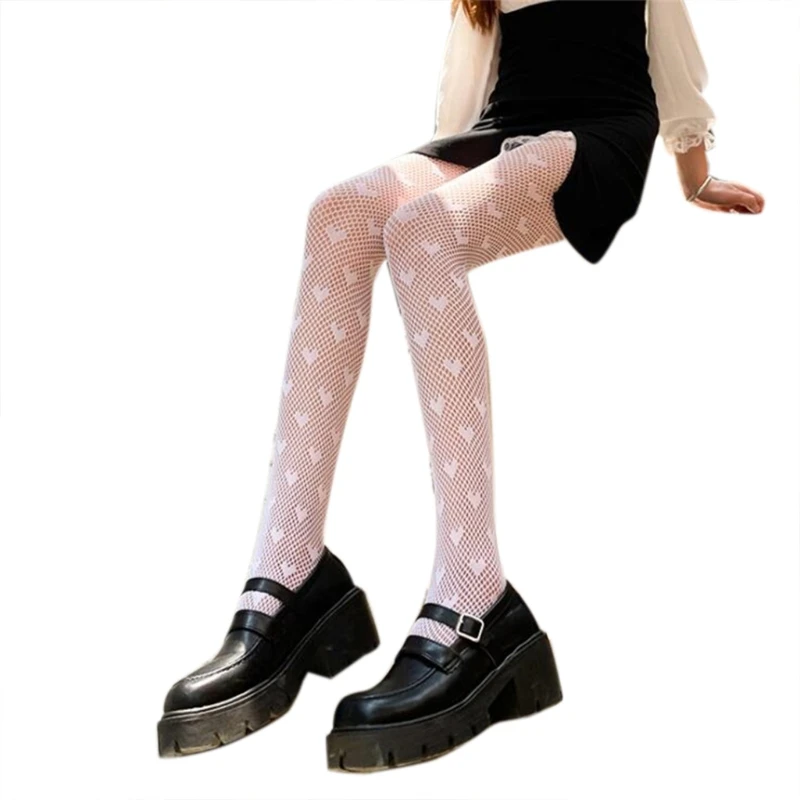 

Japanese Women Sexy Lace Pantyhose Sweet Love Heart Pattern Jacquard Tights Gothic Punk Hollow Out Fishnet Mesh