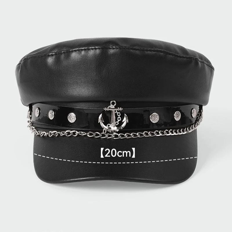 Black Matte PU Leather Sailor Beret Punk Chain Anchor Flat Top Newsboy Cap Vintage Navy Style Octagonal Hat Streetwear