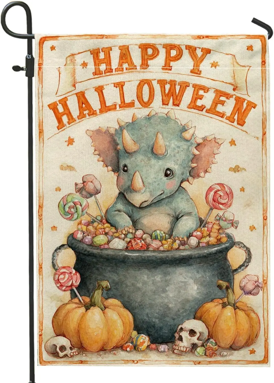 Halloween Dinosaur Garden Flag, Cute Triceratops with Candy and Pumpkins Outdoor Decor, Double Sided Burlap Banner for Fall  yyi