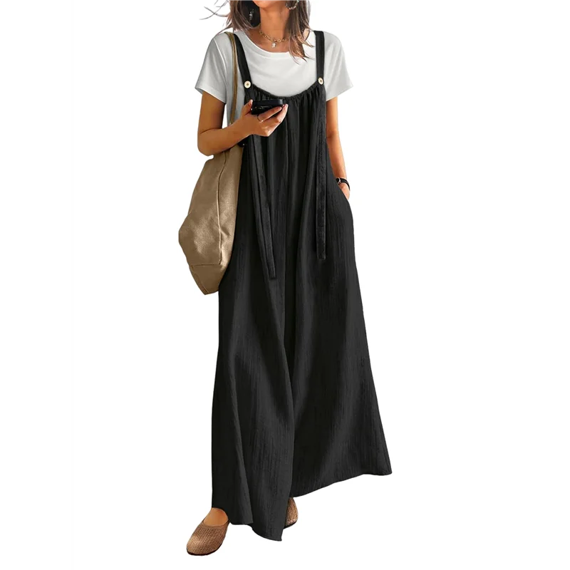 A83F-Casual Breite Bein Overalls Für Frauen Boho Plissee Overalls Strampler Sommer Outfits Mit Taschen